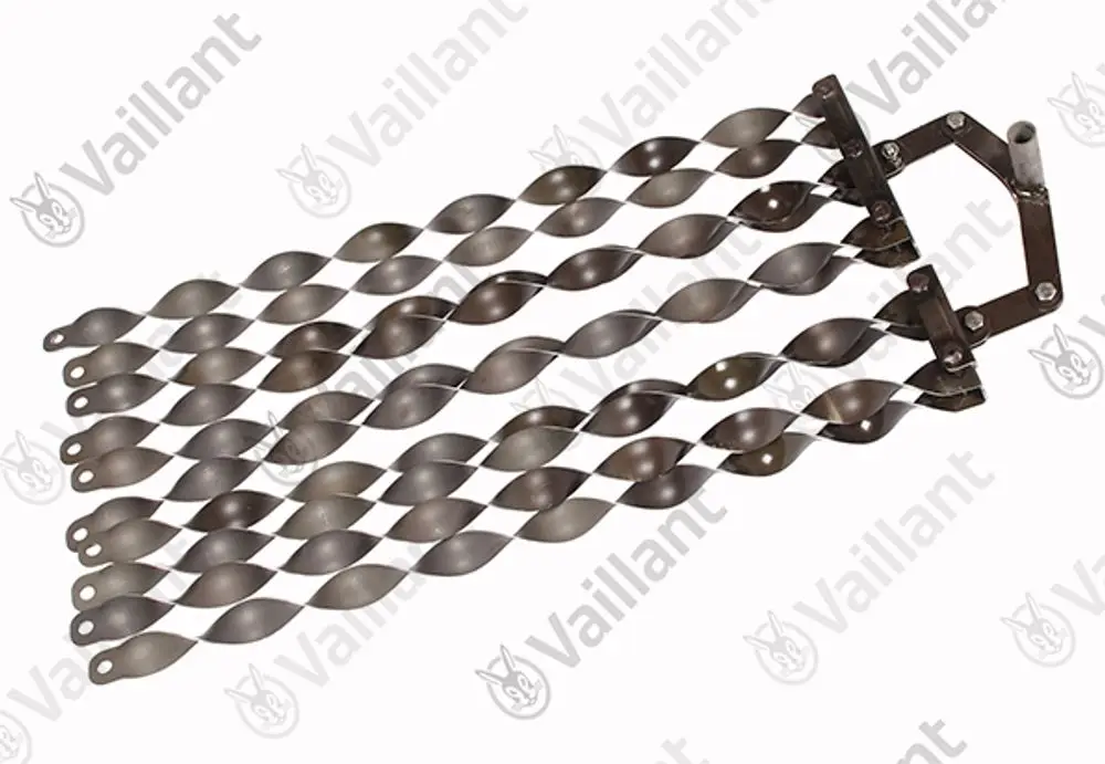 Vaillant Turbulator mit spiraligen Lamellen, montiert an einem Rahmen, zur Verbesserung der Wärmeübertragung in Heizsystemen.